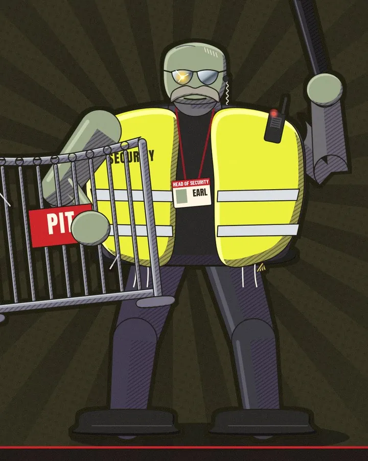 Big Earl, zombie head of security, with a crowd barricade.