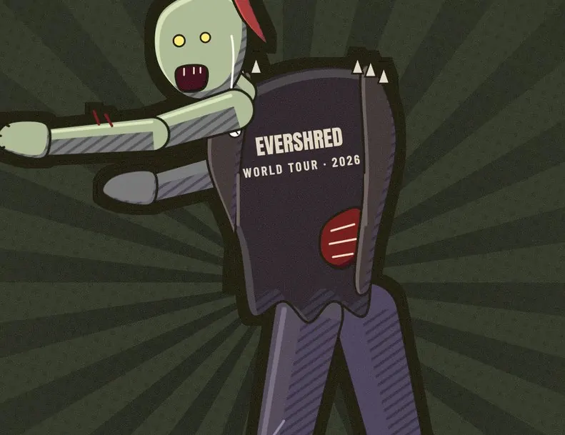 A zombie mosher in an EVERSHRED tour shirt lunges.