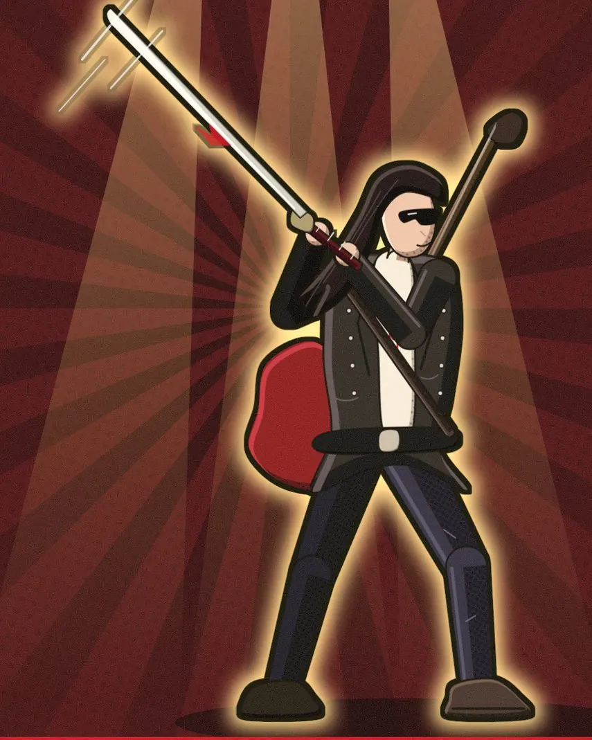 The rock star raises his katana in the spotlight.
